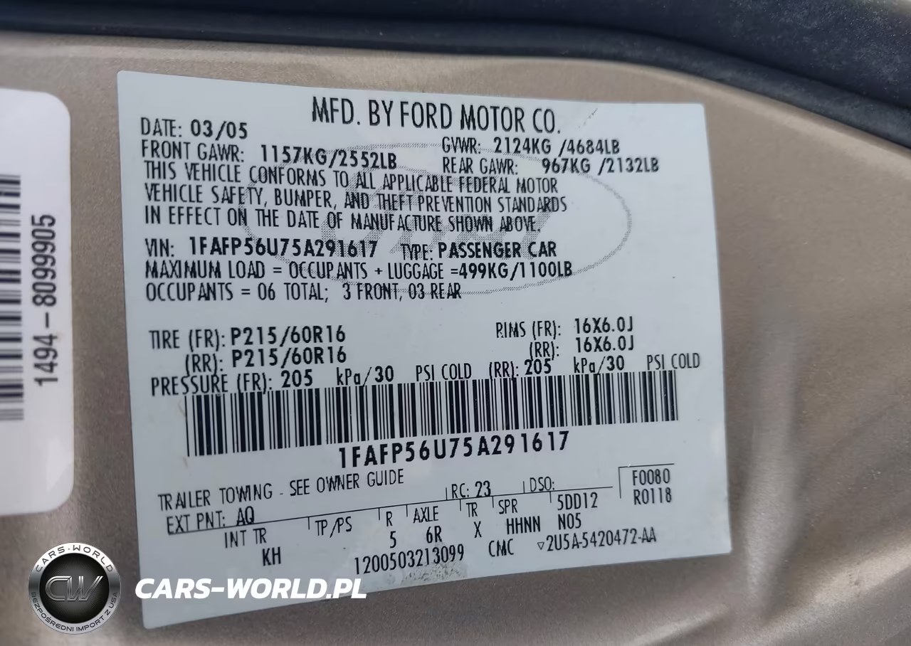 2005 Ford Taurus Sel VIN:1FAFP56U75A291617 - 9
