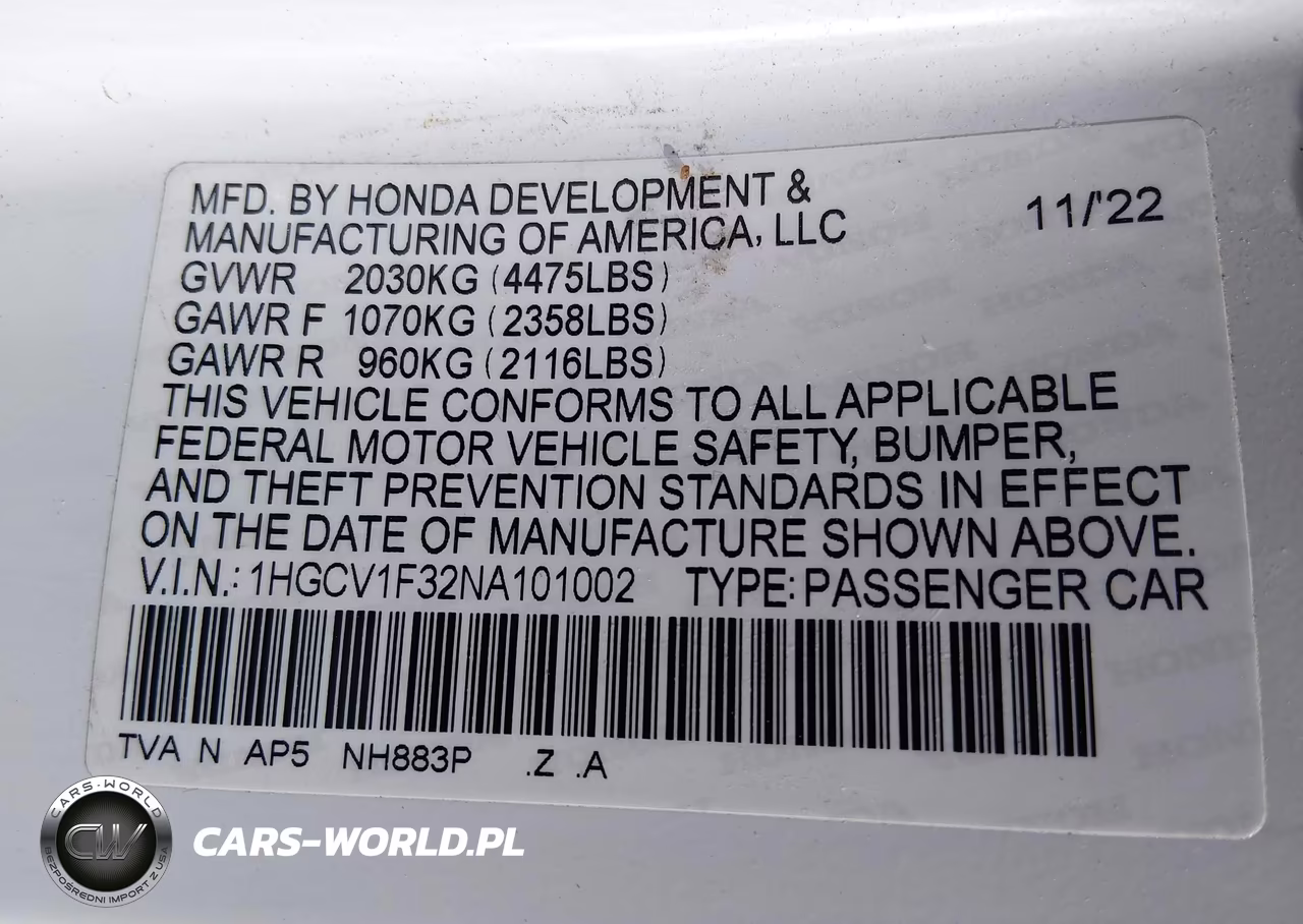 2022 Honda Accord Sport VIN:1HGCV1F32NA101002 - 9