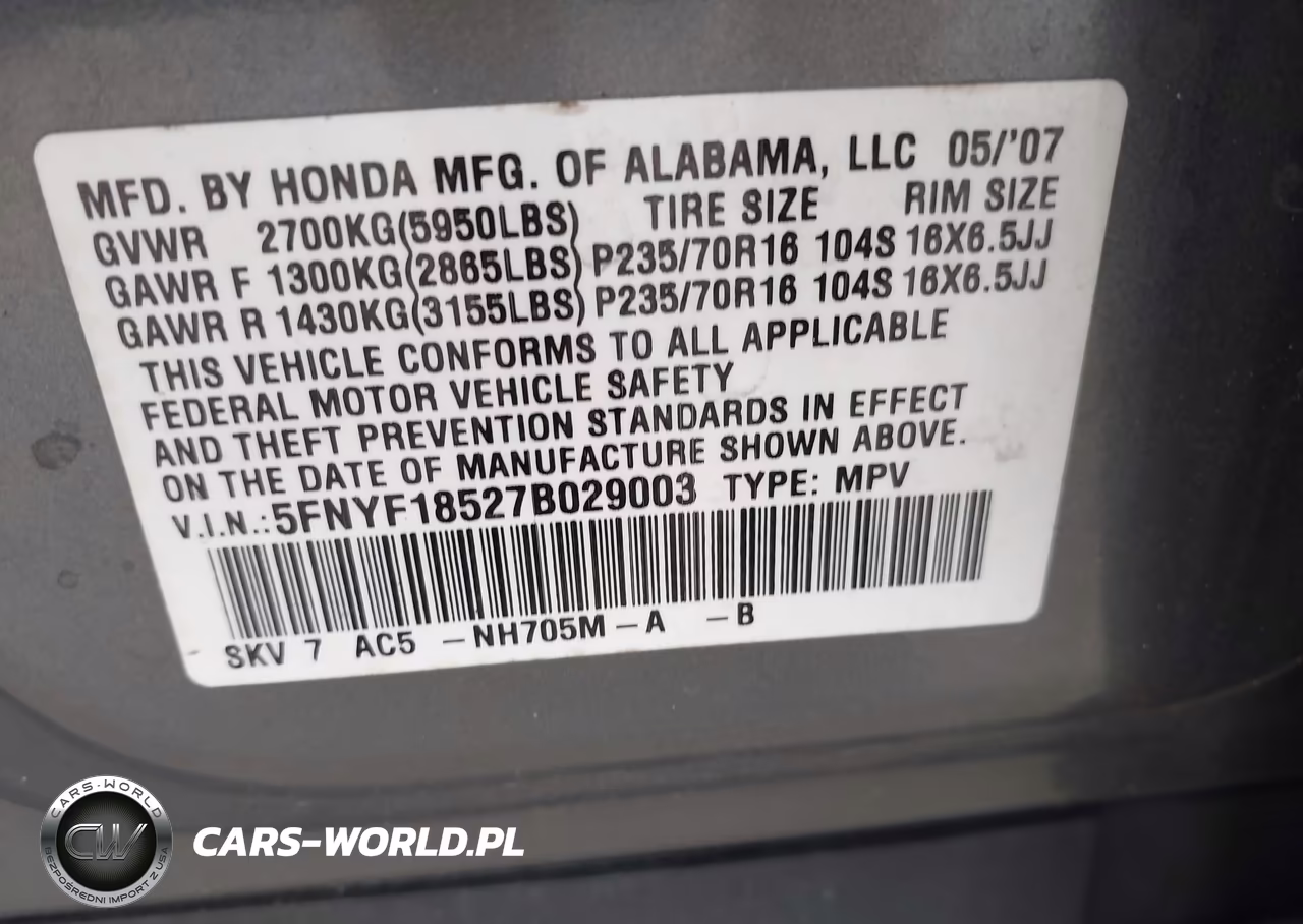 2007 Honda Pilot Ex-L VIN:5FNYF18527B029003 - 9