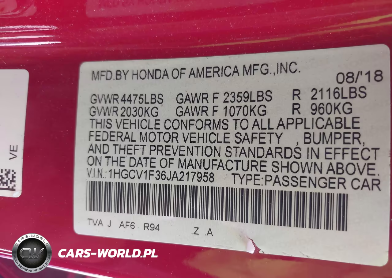2018 Honda Accord Sport VIN:1HGCV1F36JA217958 - 9