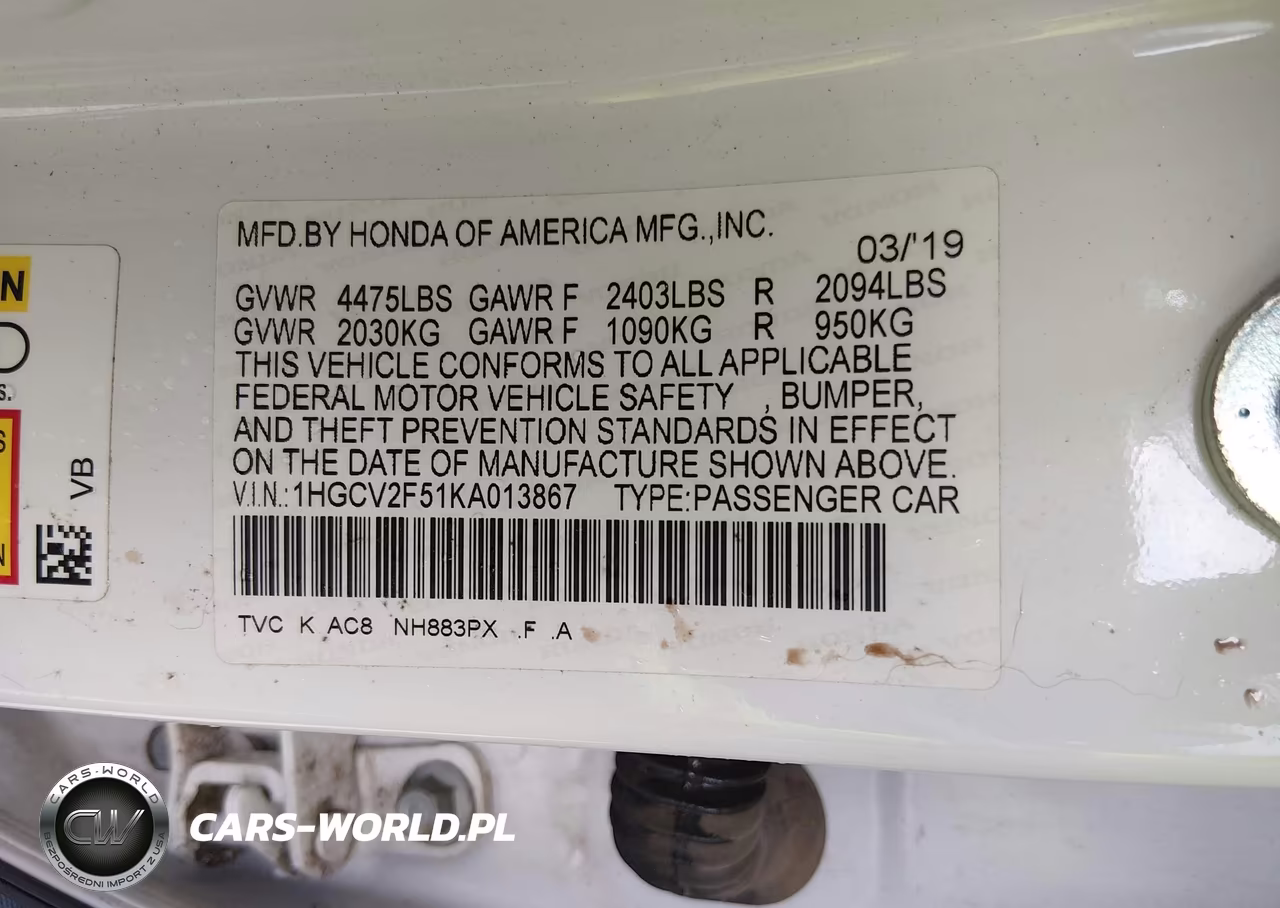 2019 Honda Accord Ex-L 2.0T VIN:1HGCV2F51KA013867 - 9