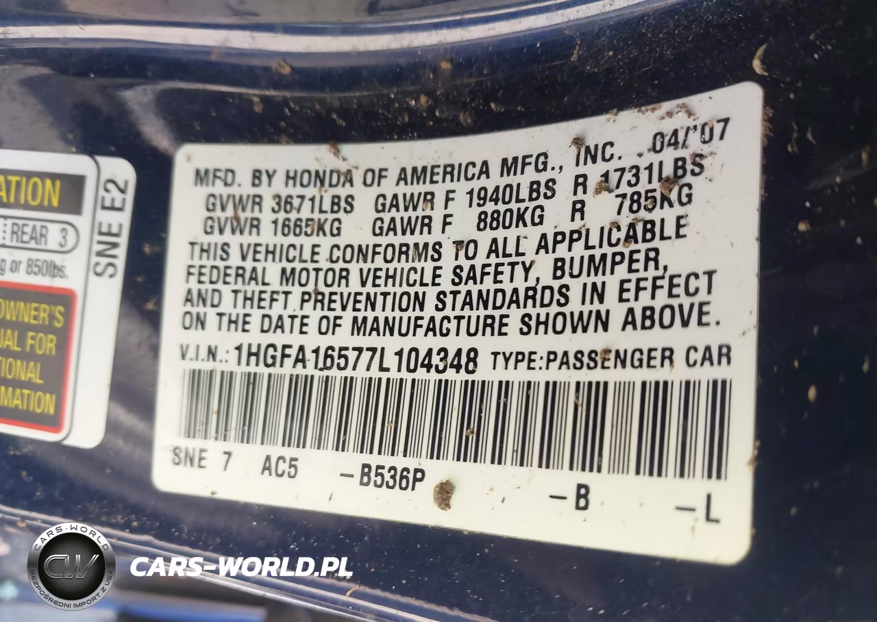 2007 Honda Civic Lx VIN:1HGFA16577L104348 - 9