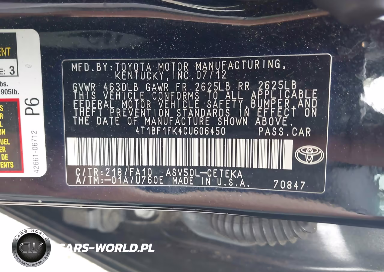 2012 Toyota Camry L VIN:4T1BF1FK4CU606450 - 9