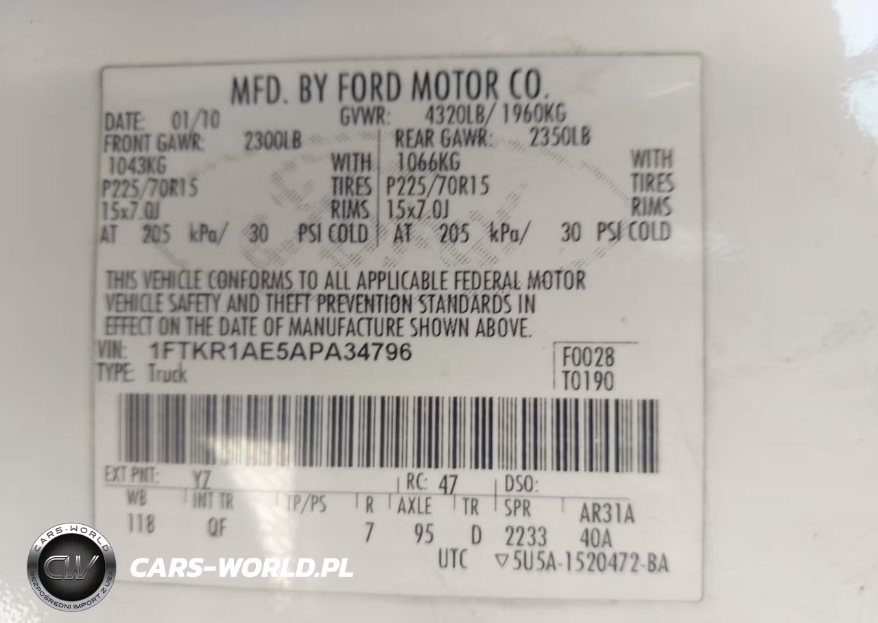 2010 Ford Ranger Xl VIN:1FTKR1AE5APA34796 - 9