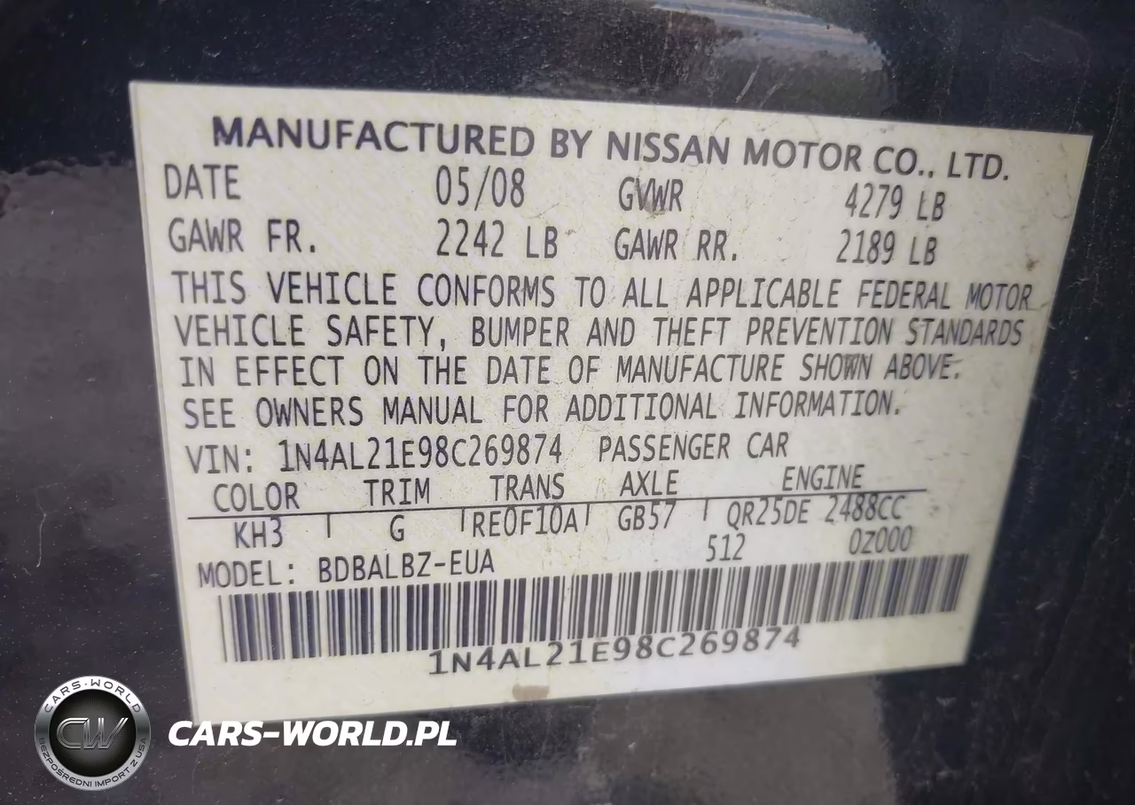 2008 Nissan Altima 2.5 S VIN:1N4AL21E98C269874 - 9