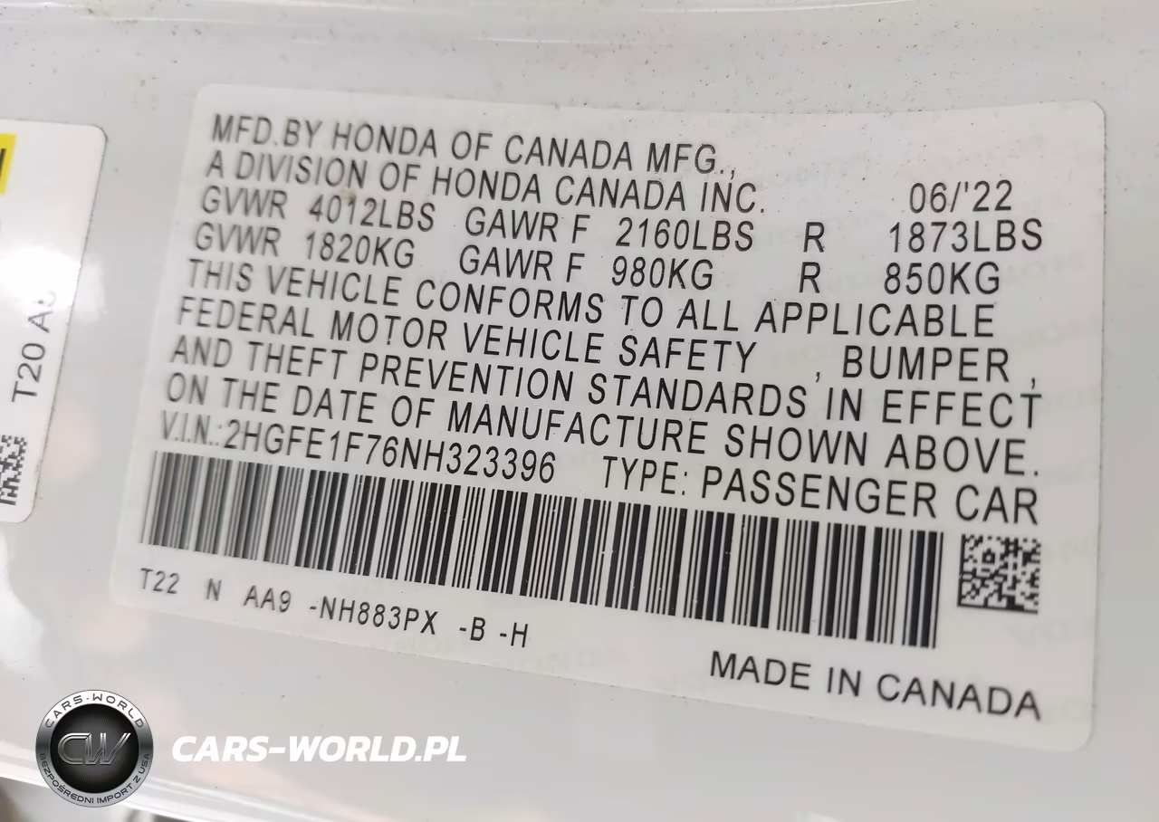 2022 Honda Civic Ex VIN:2HGFE1F76NH323396 - 9