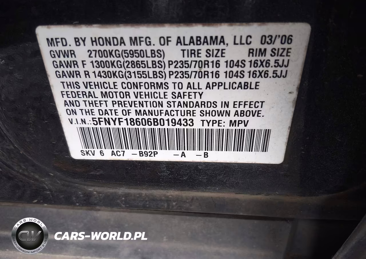 2006 Honda Pilot Ex-L VIN:5FNYF18606B019433 - 9