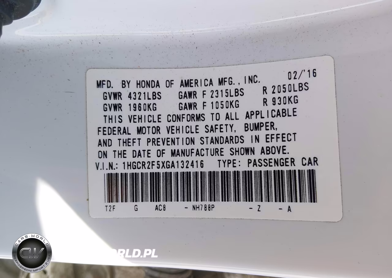 2016 Honda Accord Sport VIN:1HGCR2F5XGA132416 - 9