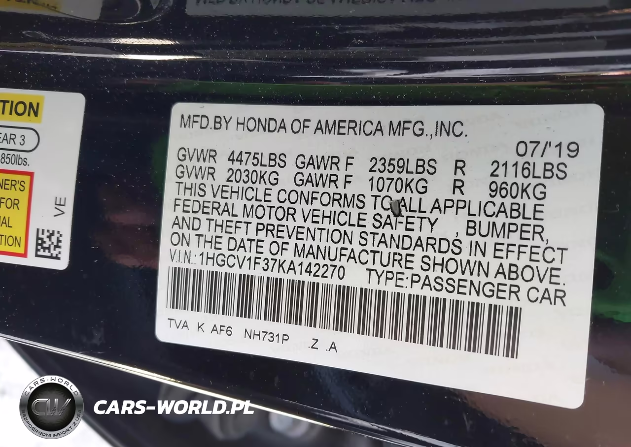 2019 Honda Accord Sport VIN:1HGCV1F37KA142270 - 9