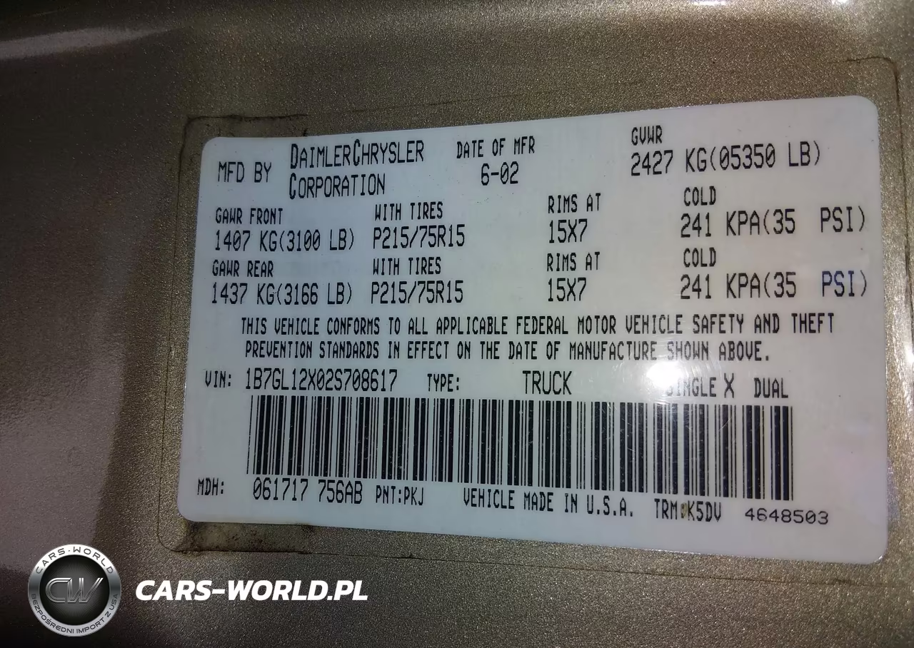 2002 Dodge Dakota VIN:1B7GL12X02S708617 - 9