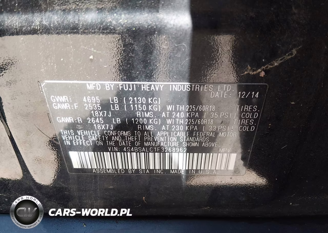 2015 Subaru Outback 2.5I Limited VIN:4S4BSALC1F3268962 - 9