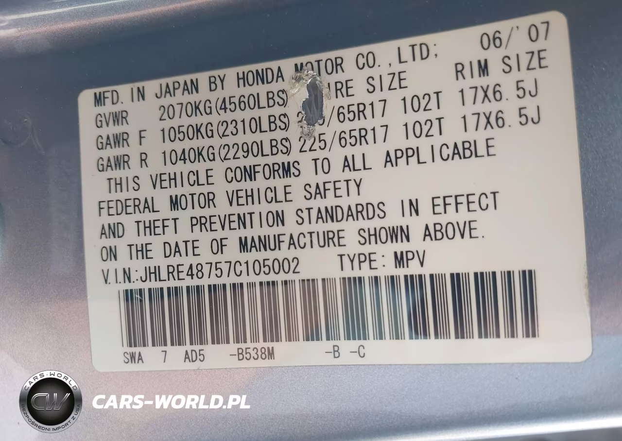 2007 Honda Cr-V Ex-L VIN:JHLRE48757C105002 - 9