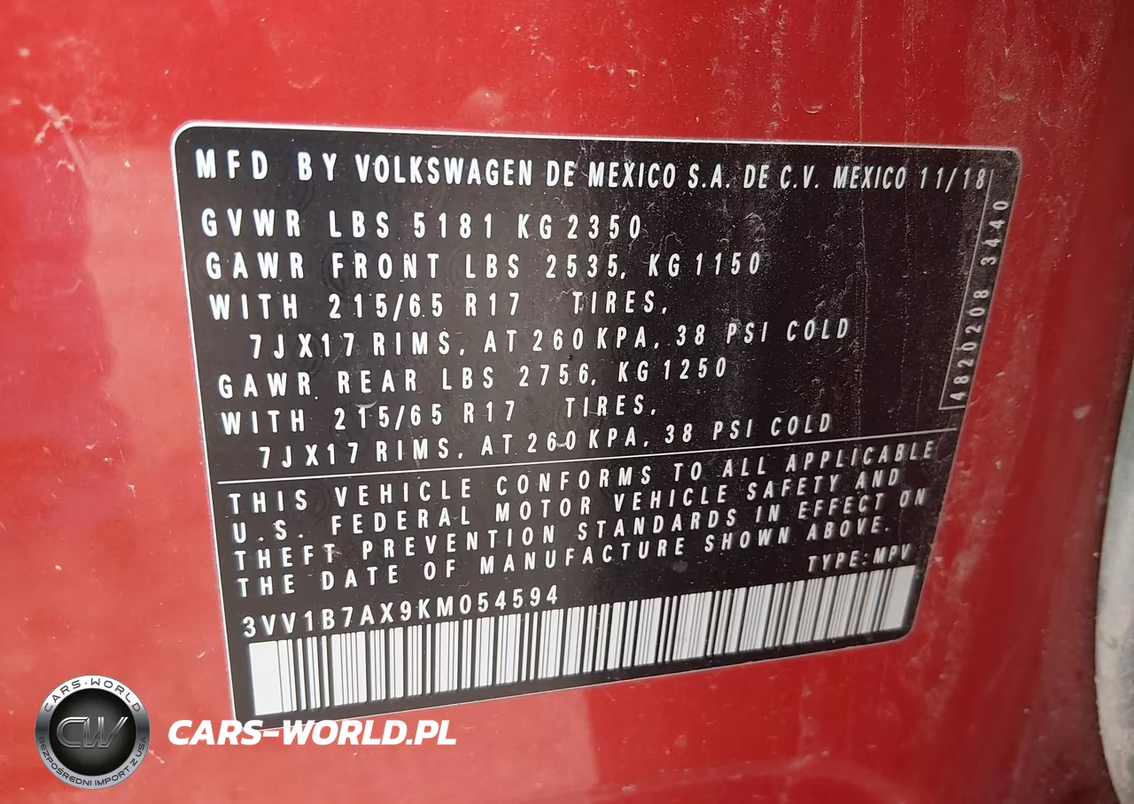 2019 Volkswagen Tiguan 2.0T S VIN:3VV1B7AX9KM054594 - 9