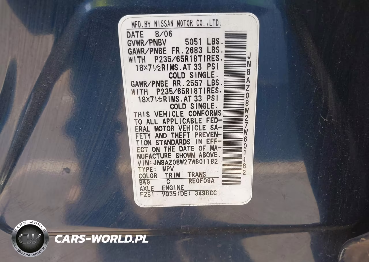 2007 Nissan Murano Sl VIN:JN8AZ08W27W601182 - 9