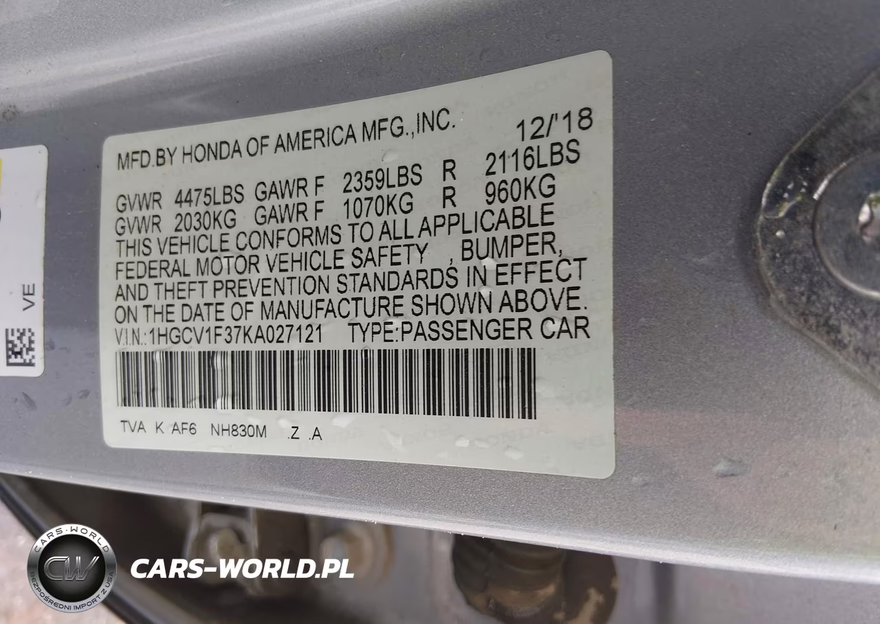 2019 Honda Accord Sport VIN:1HGCV1F37KA027121 - 9