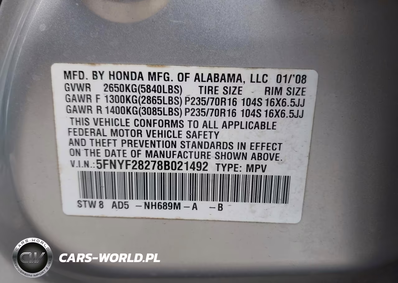 2008 Honda Pilot Vp VIN:5FNYF28278B021492 - 9