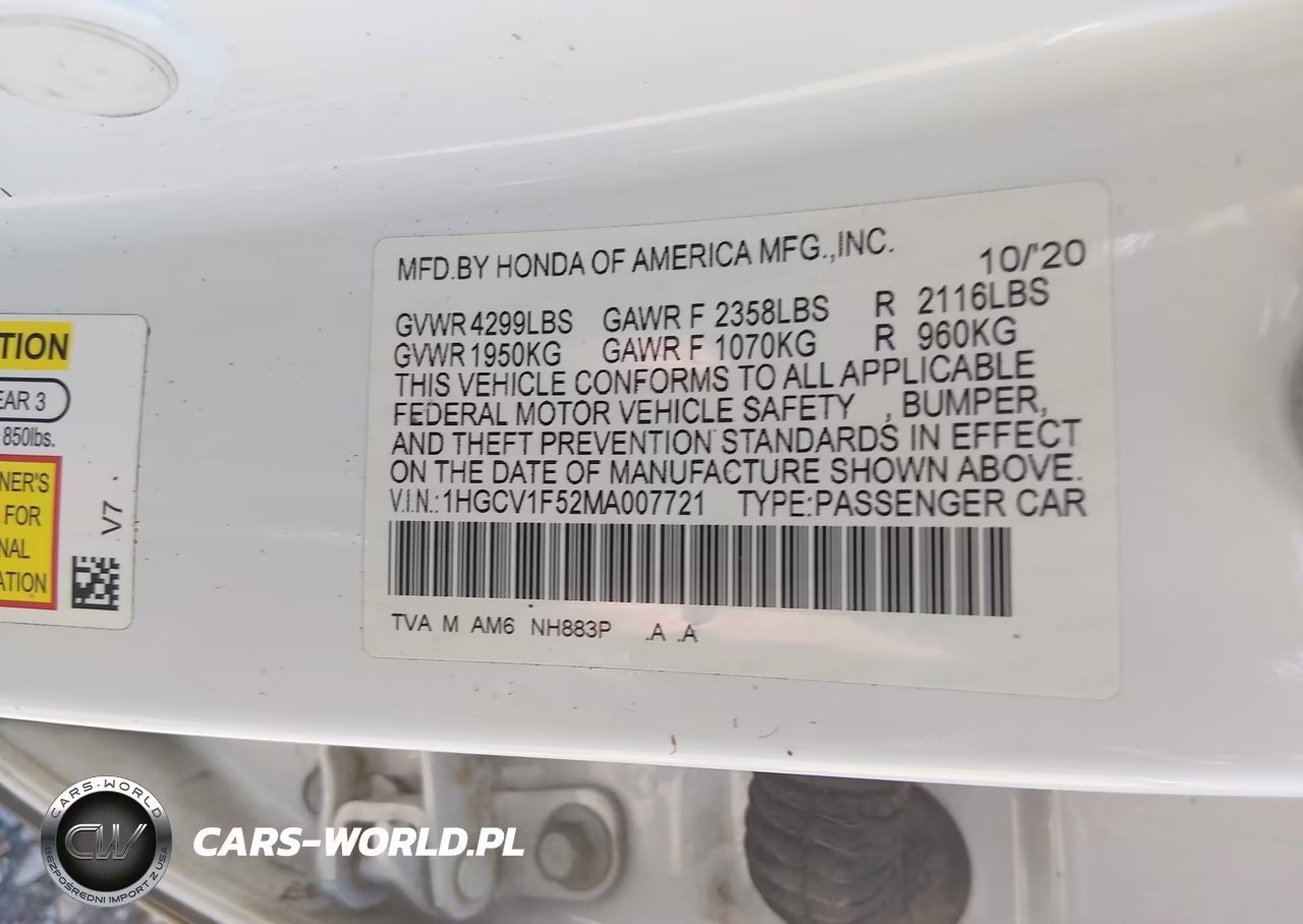 2021 Honda Accord Ex-L VIN:1HGCV1F52MA007721 - 9