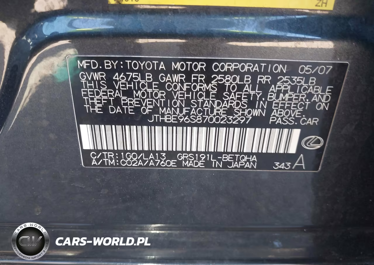 2007 Lexus Gs 350 VIN:JTHBE96S870023297 - 9