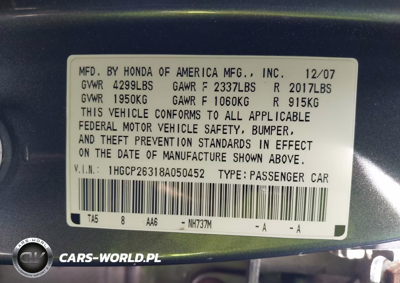 2008 Honda Accord 2.4 Lx VIN:1HGCP26318A050452 - 9