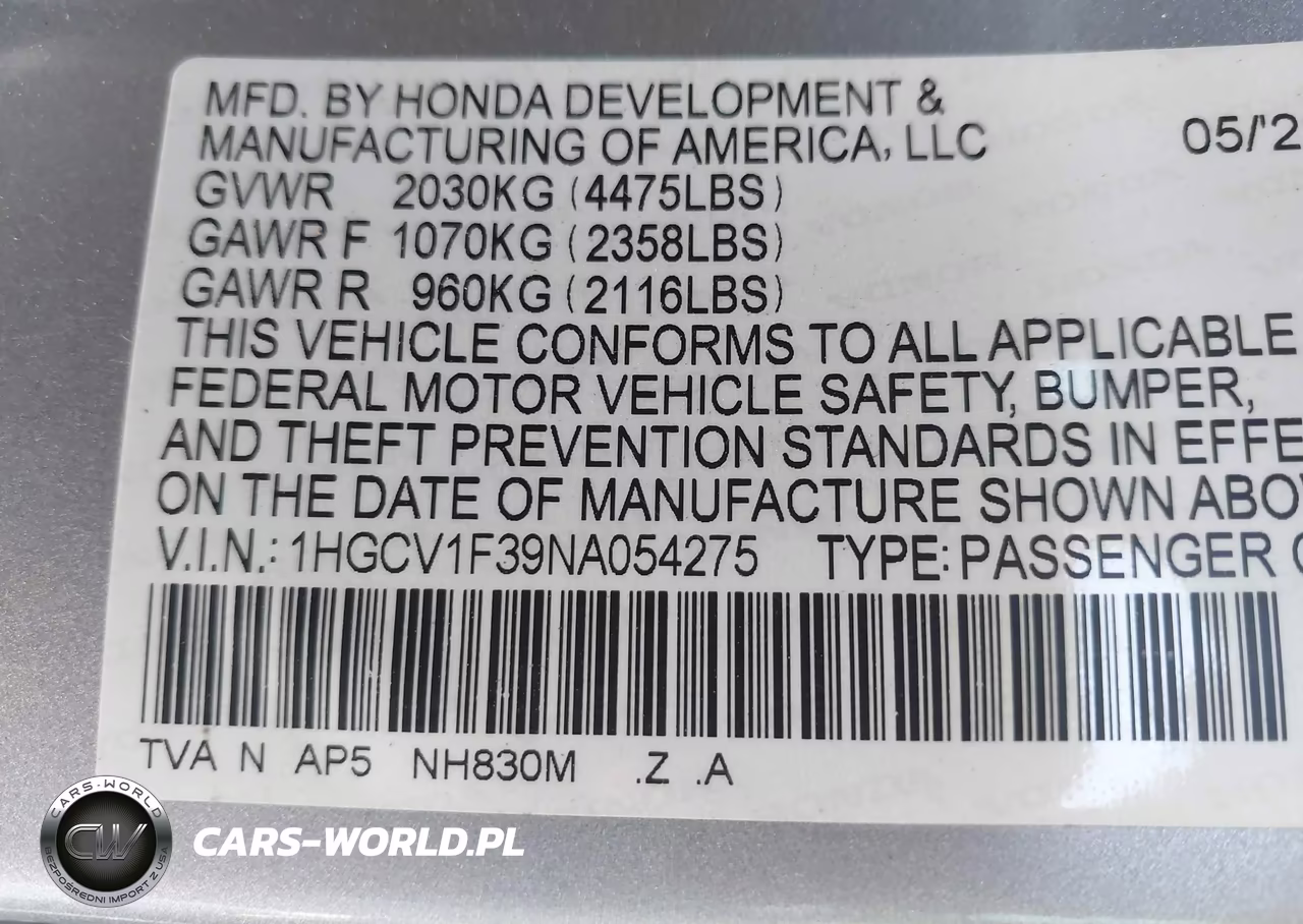 2022 Honda Accord Sport VIN:1HGCV1F39NA054275 - 9