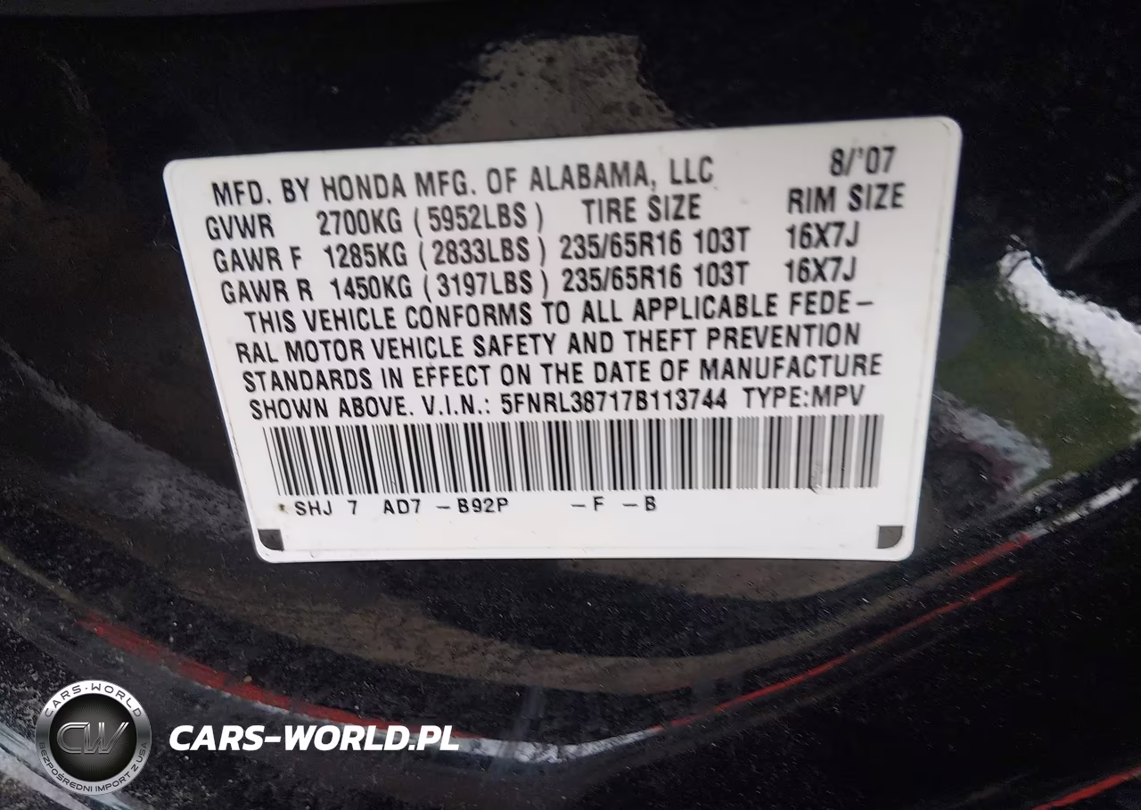 2007 Honda Odyssey Ex-L VIN:5FNRL38717B113744 - 9