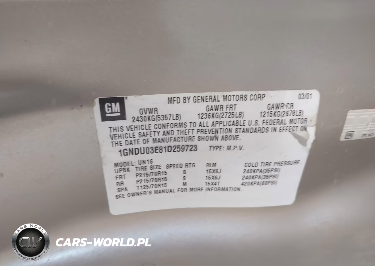 2001 Chevrolet Venture Plus VIN:1GNDU03E81D259723 - 9