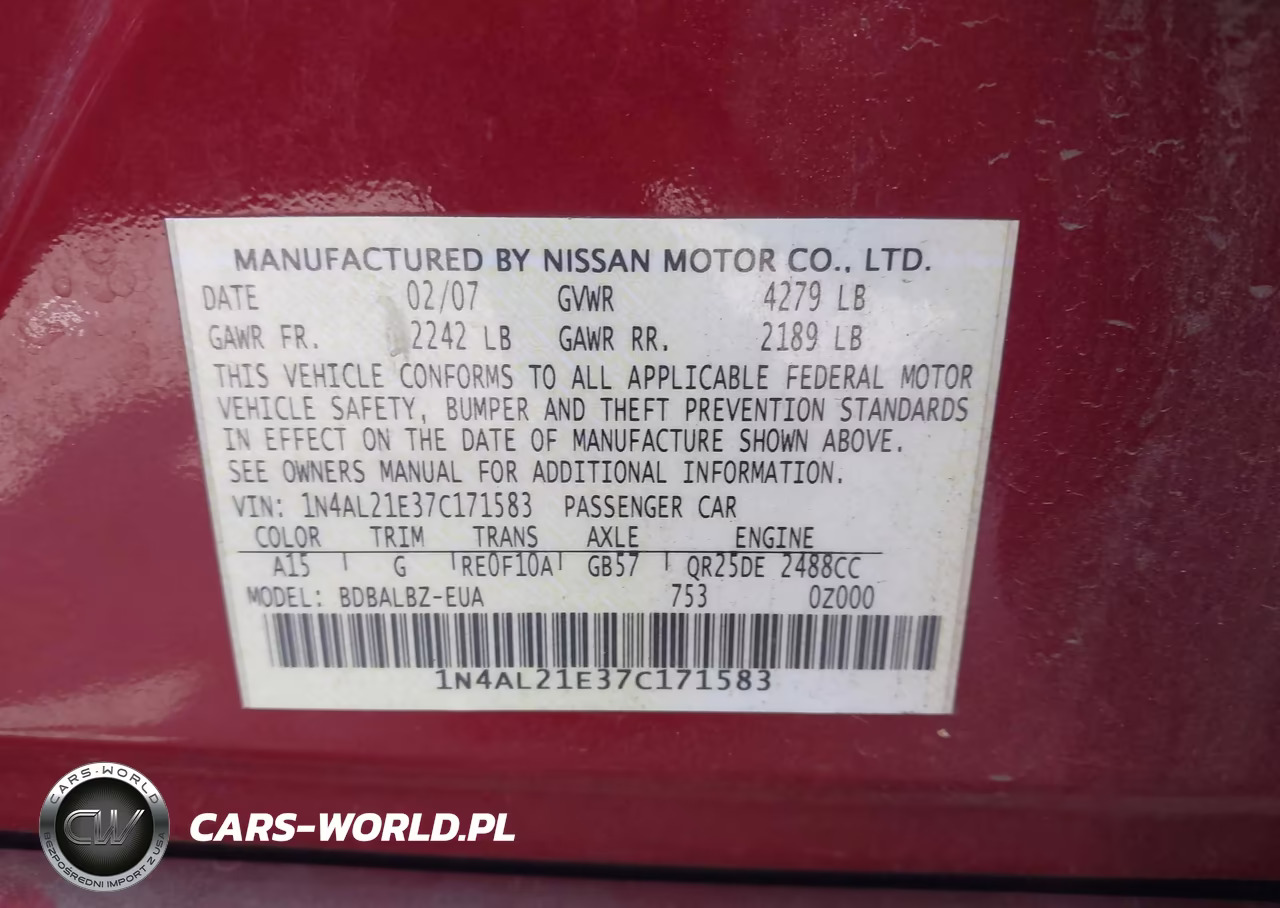2007 Nissan Altima 2.5 S VIN:1N4AL21E37C171583 - 9