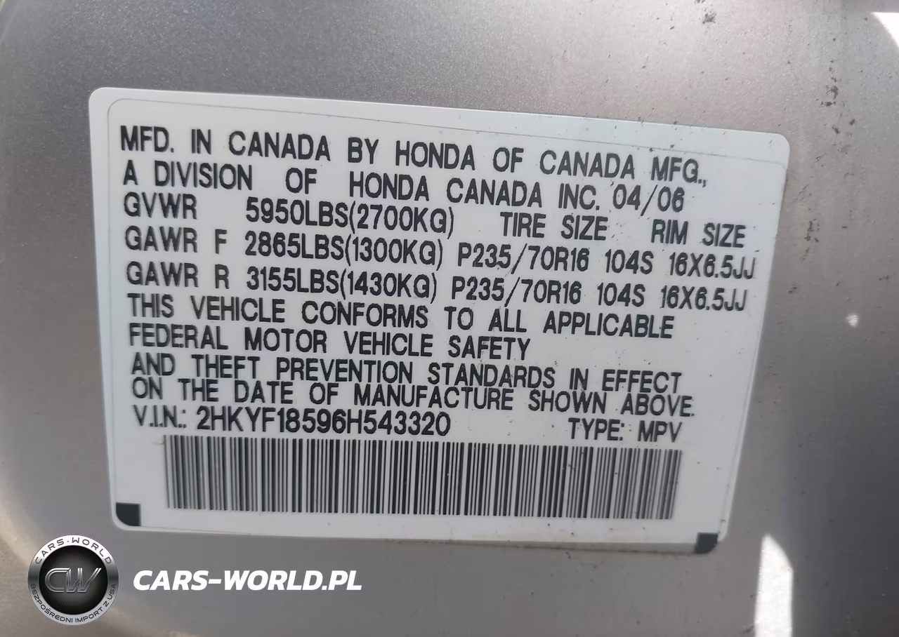 2006 Honda Pilot Ex-L VIN:2HKYF18596H543320 - 9