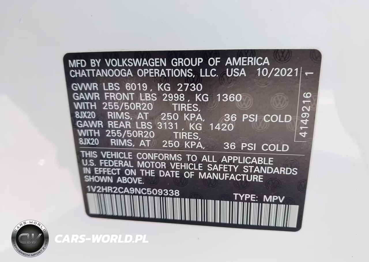 2022 Volkswagen Atlas 3.6L V6 Se W-Technology VIN:1V2HR2CA9NC509338 - 9