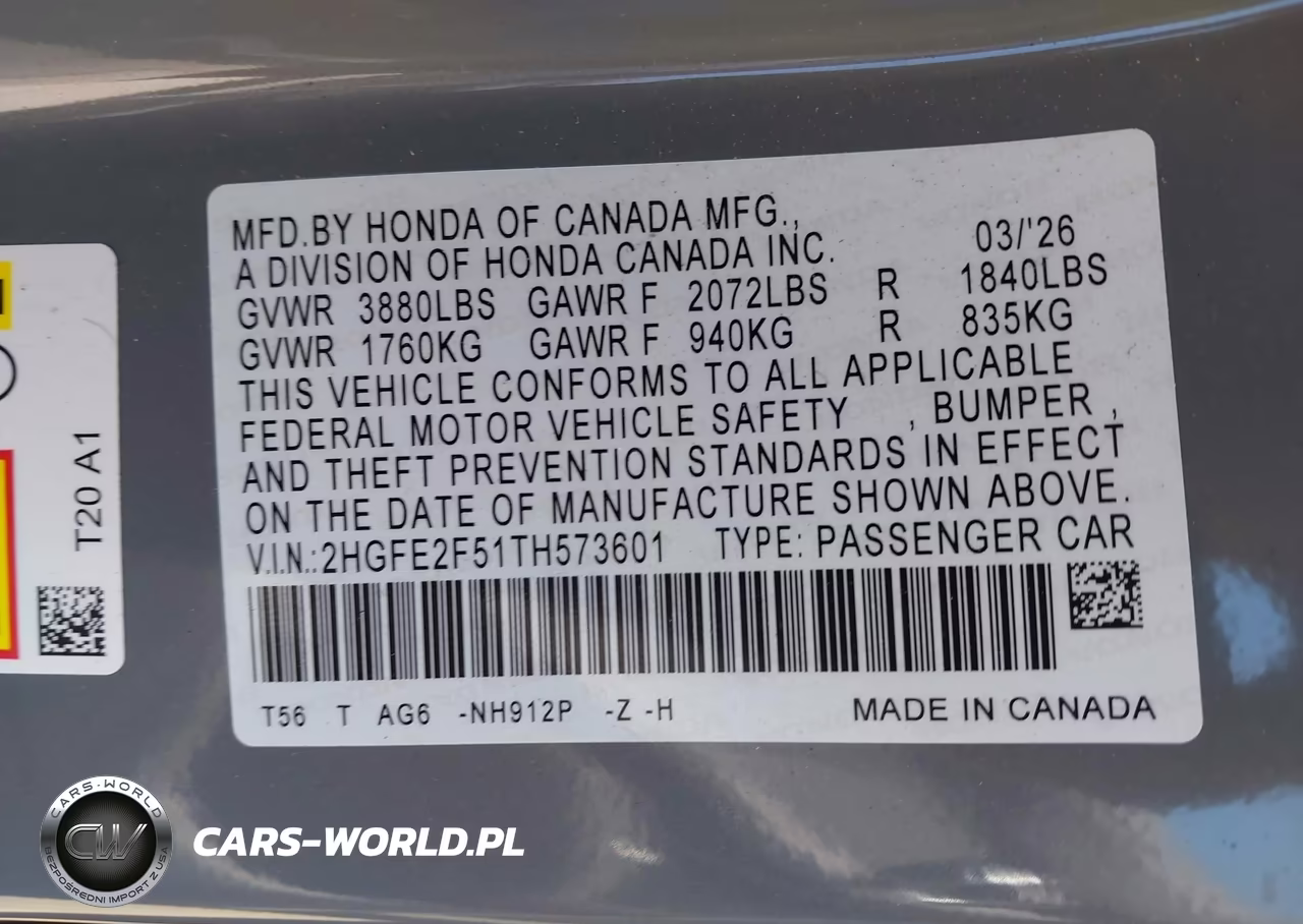 2026 Honda Civic Sport VIN:2HGFE2F51TH573601 - 9