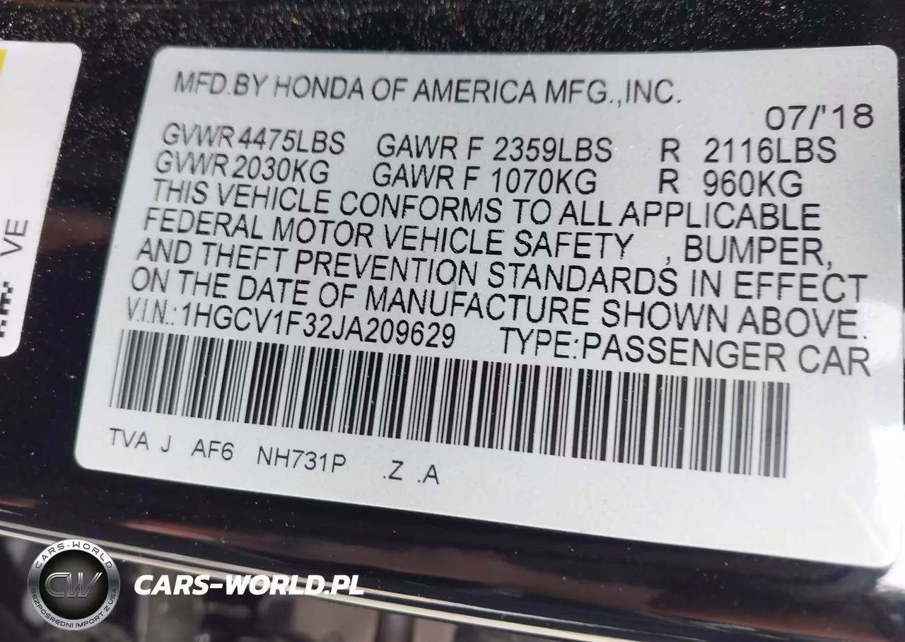 2018 Honda Accord Sport VIN:1HGCV1F32JA209629 - 9