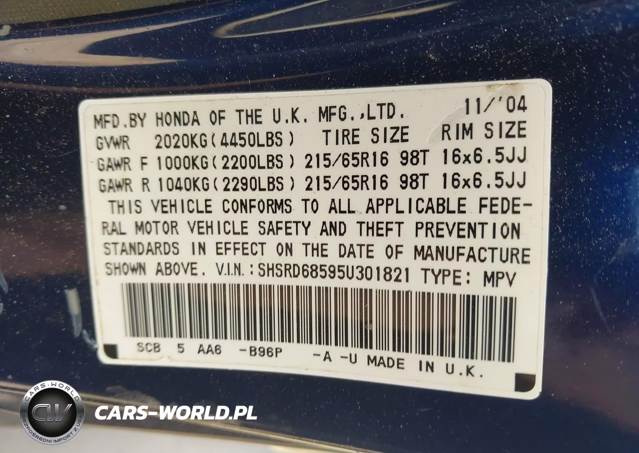 2005 Honda Cr-V Lx VIN:SHSRD68595U301821 - 9