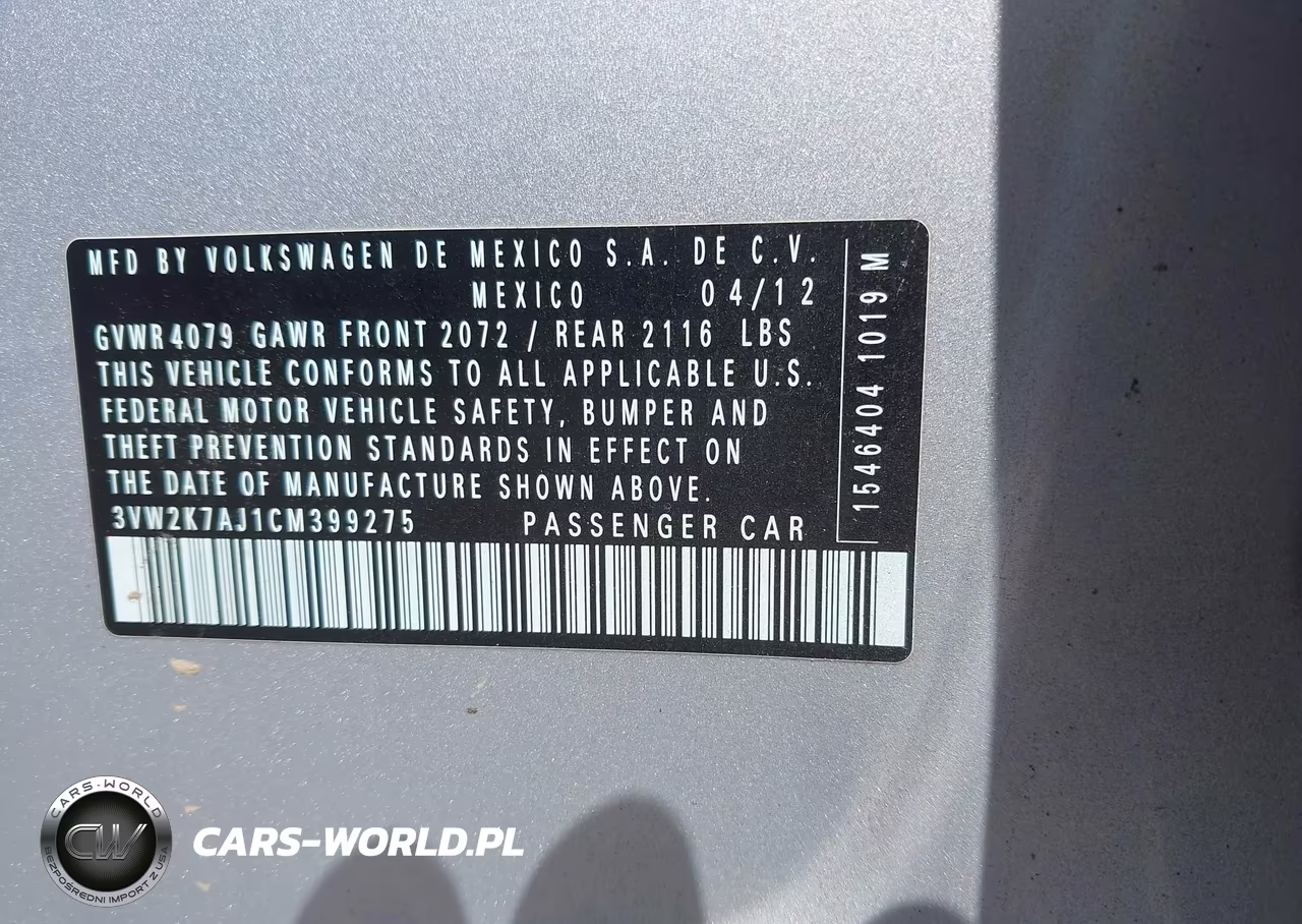 2012 Volkswagen Jetta 2.0L S VIN:3VW2K7AJ1CM399275 - 9
