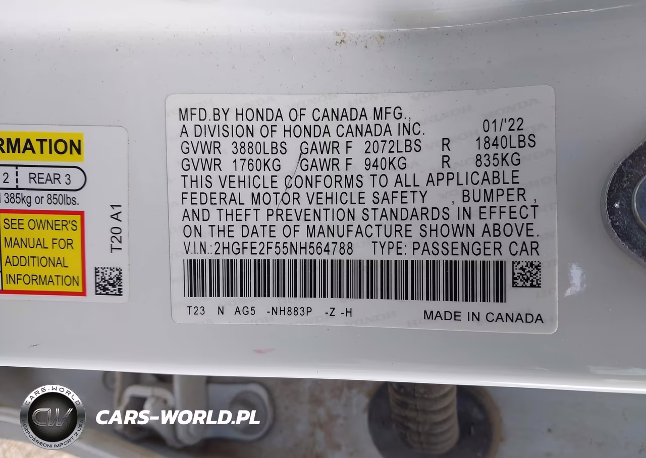 2022 Honda Civic Sport VIN:2HGFE2F55NH564788 - 9
