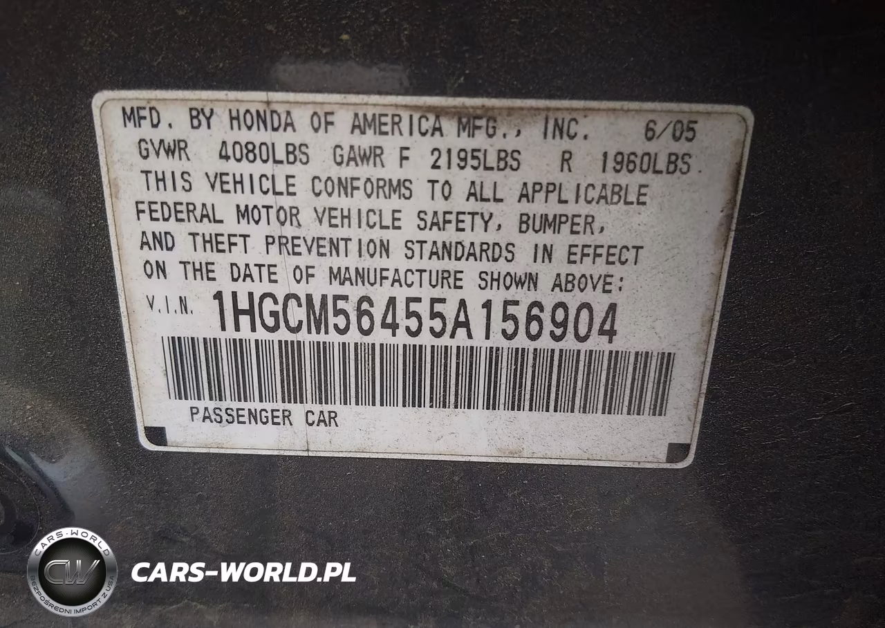 2005 Honda Accord 2.4 Lx VIN:1HGCM56455A156904 - 9