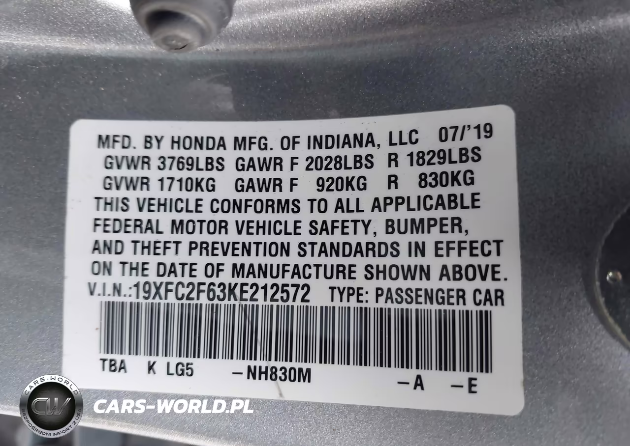 2019 Honda Civic Lx VIN:19XFC2F63KE212572 - 9