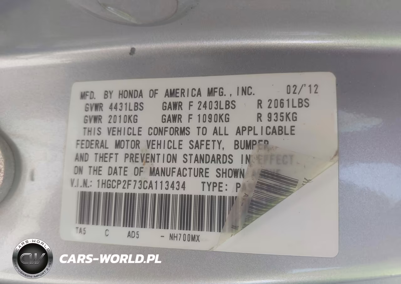 2012 Honda Accord 2.4 Ex VIN:1HGCP2F73CA113434 - 9