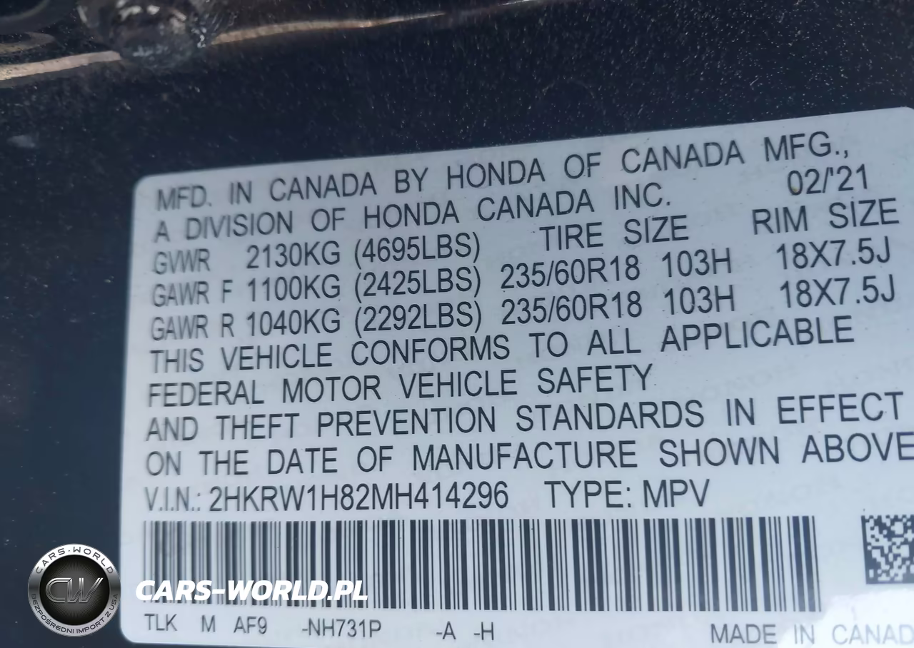 2021 Honda Cr-V 2Wd Ex-L VIN:2HKRW1H82MH414296 - 9