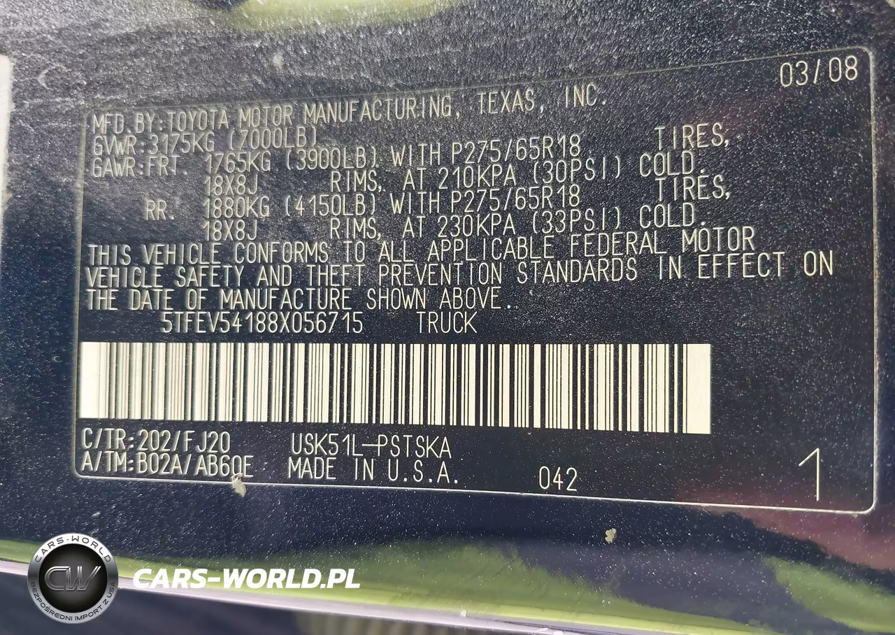 2008 Toyota Tundra Sr5 5.7L V8 VIN:5TFEV54188X056715 - 9