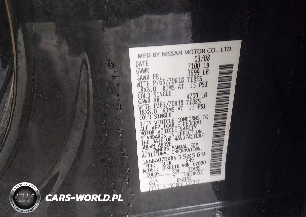 2008 Nissan Titan Se VIN:1N6BA07DX8N358569 - 9