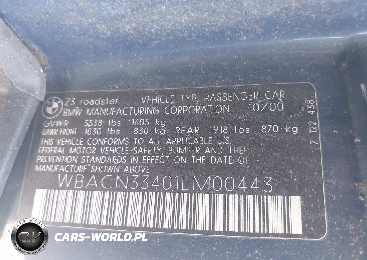 2001 BMW Z3 2.5I VIN:WBACN33401LM00443 - 9