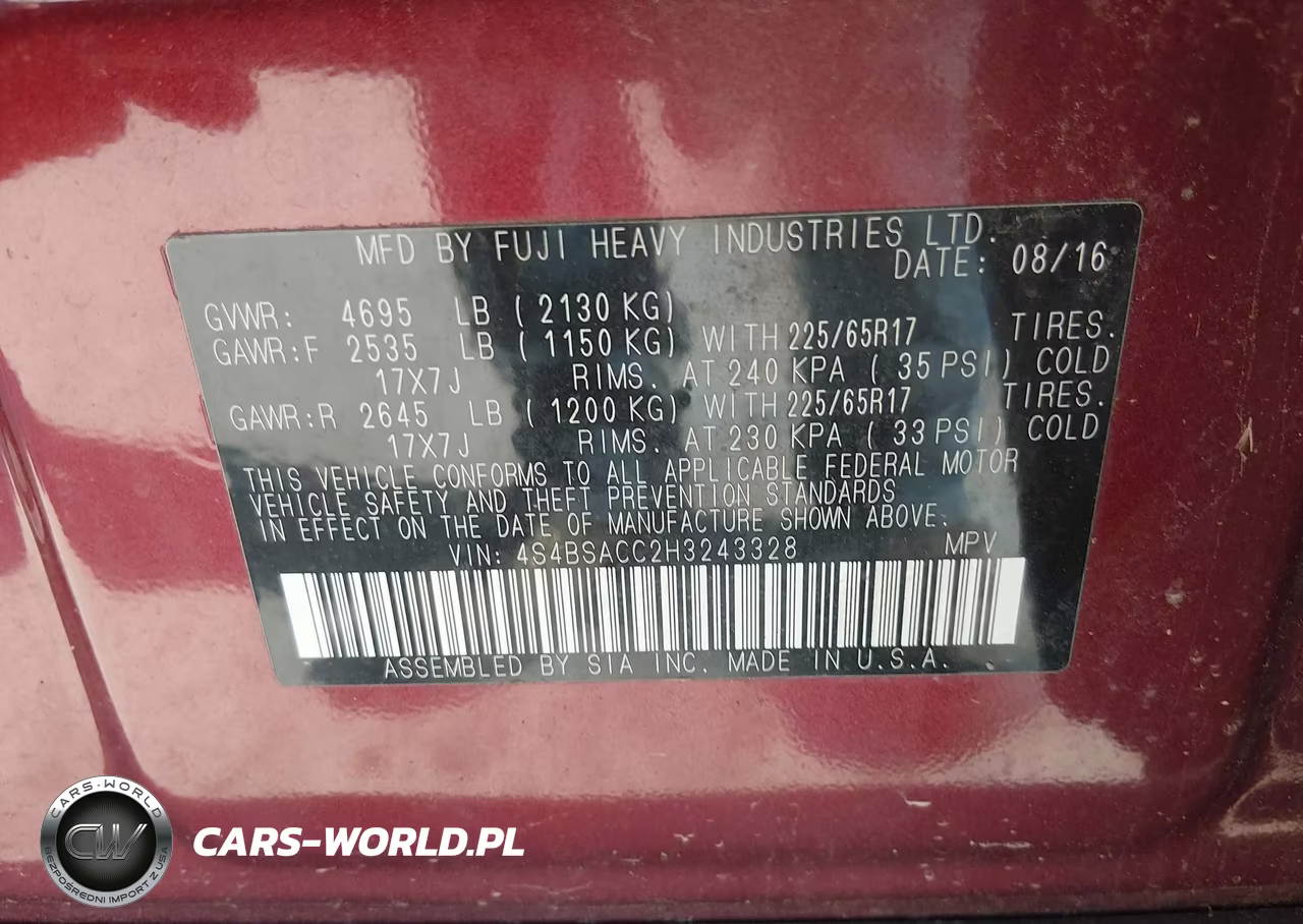 2017 Subaru Outback 2.5I Premium VIN:4S4BSACC2H3243328 - 9