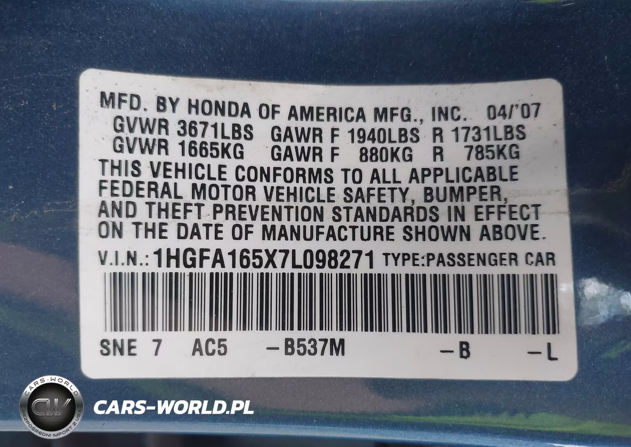 2007 Honda Civic Lx VIN:1HGFA165X7L098271 - 9