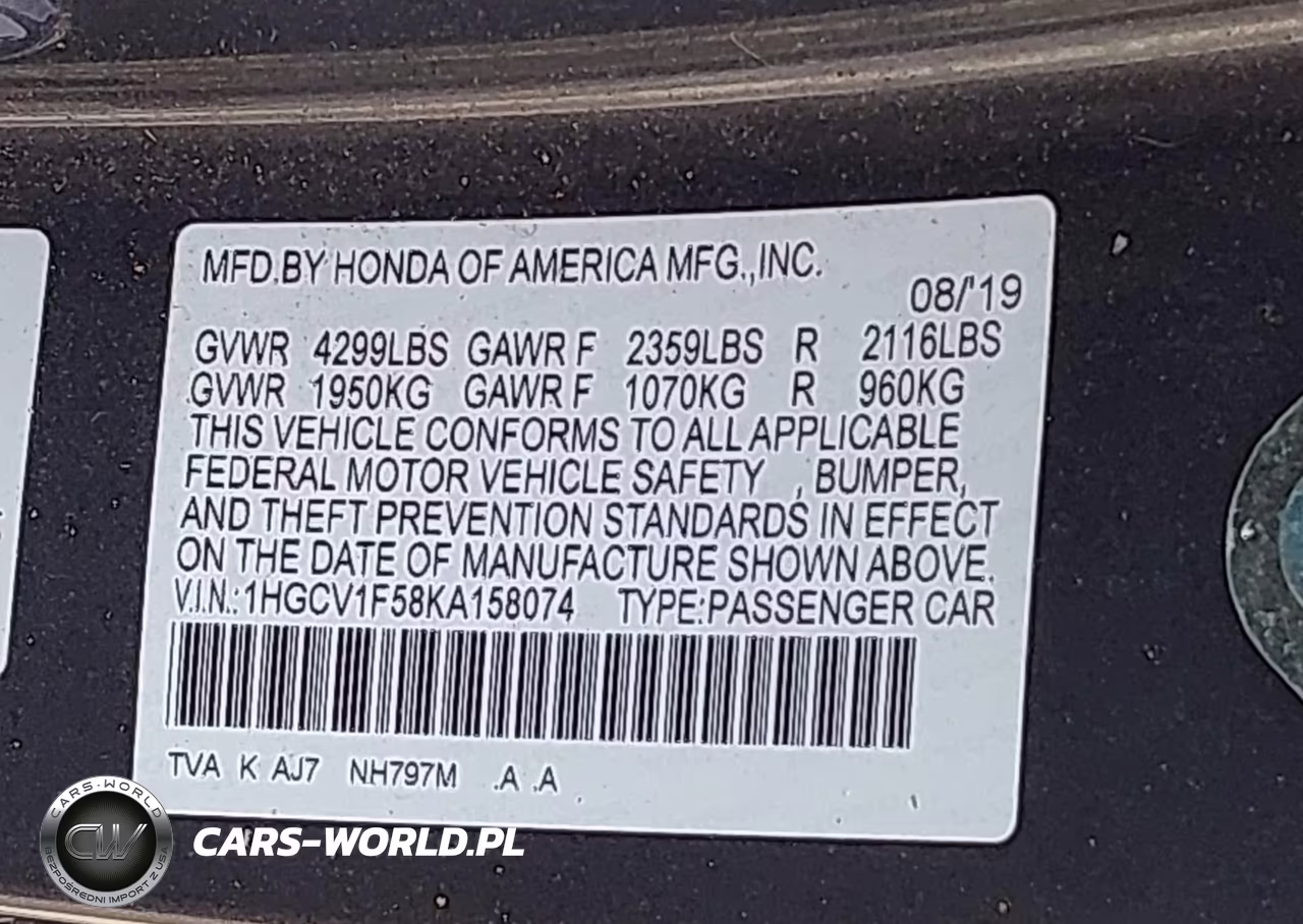 2019 Honda Accord Ex-L 1.5T VIN:1HGCV1F58KA158074 - 9