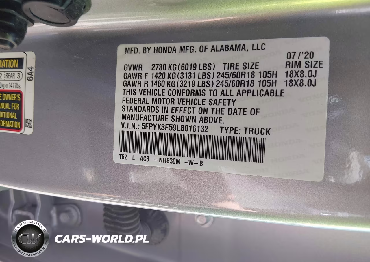 2020 Honda Ridgeline Awd Rtl VIN:5FPYK3F59LB016132 - 9
