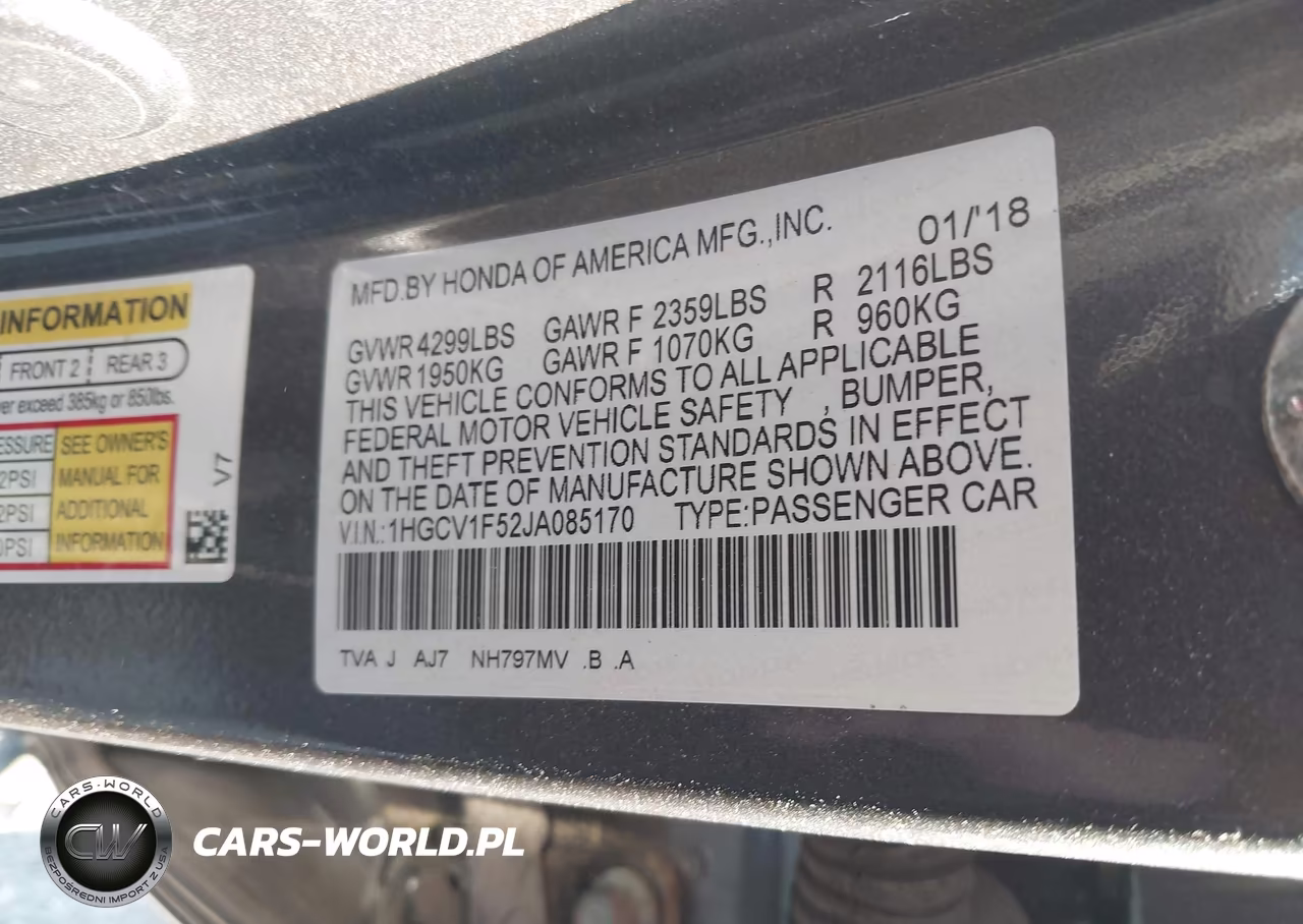 2018 Honda Accord Ex-L VIN:1HGCV1F52JA085170 - 9