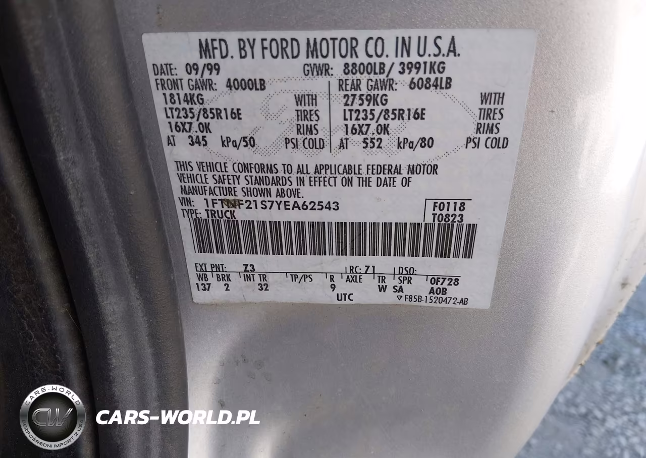 2000 Ford F250 Super Duty VIN:1FTNF21S7YEA62543 - 9