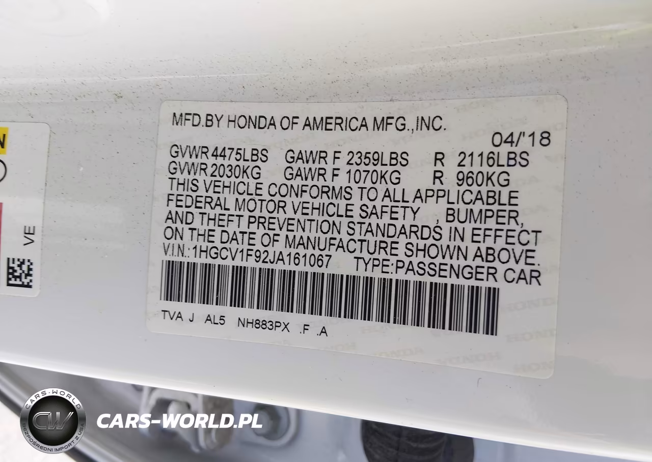 2018 Honda Accord Touring VIN:1HGCV1F92JA161067 - 9