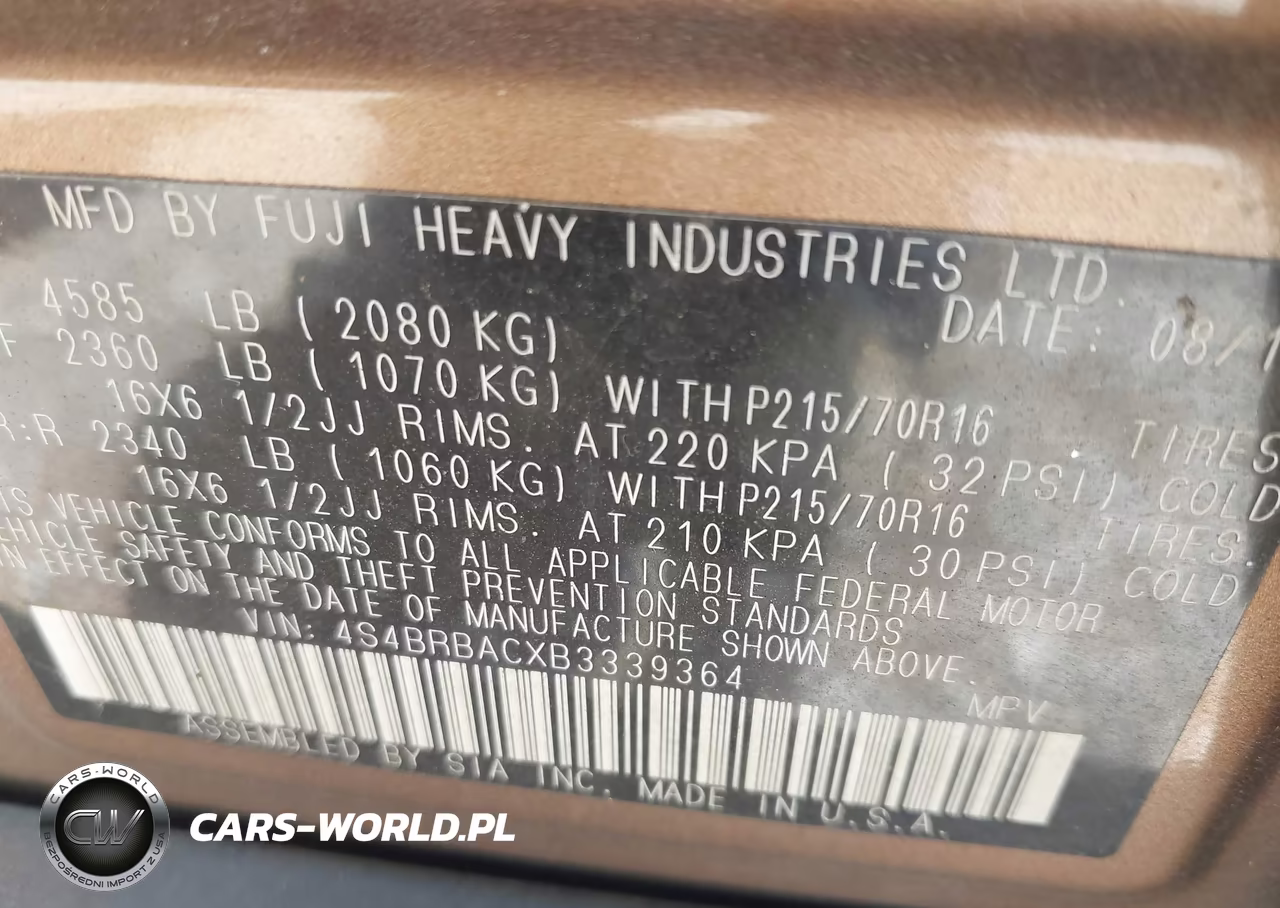 2011 Subaru Outback 2.5I VIN:4S4BRBACXB3339364 - 9