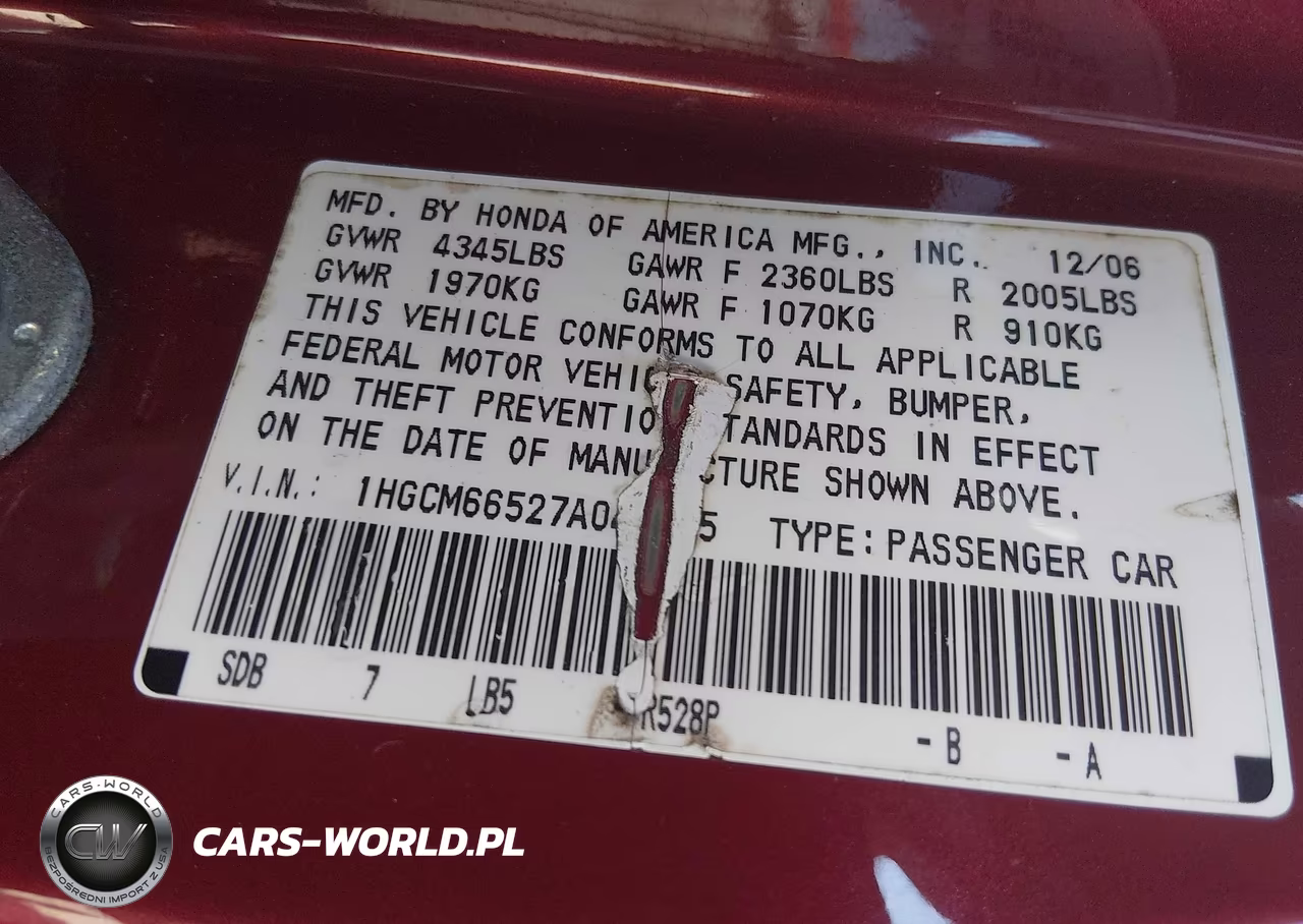 2007 Honda Accord 3.0 Ex VIN:1HGCM66527A048595 - 9